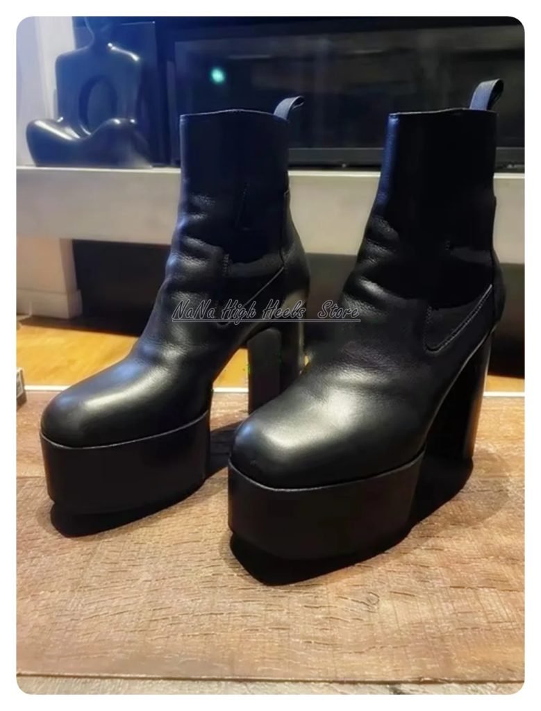 Black Round Toe Block Knee High Boots Fall Sexy Luxury Women Kiss Mid-Calf Leather Platform Motorcycle Boots Fashion Lady Shoes