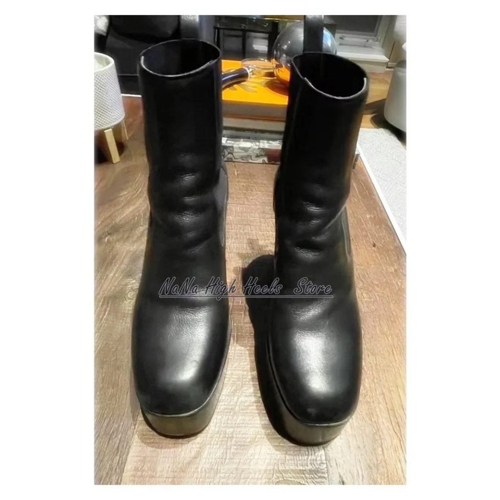 Black Round Toe Block Knee High Boots Fall Sexy Luxury Women Kiss Mid-Calf Leather Platform Motorcycle Boots Fashion Lady Shoes