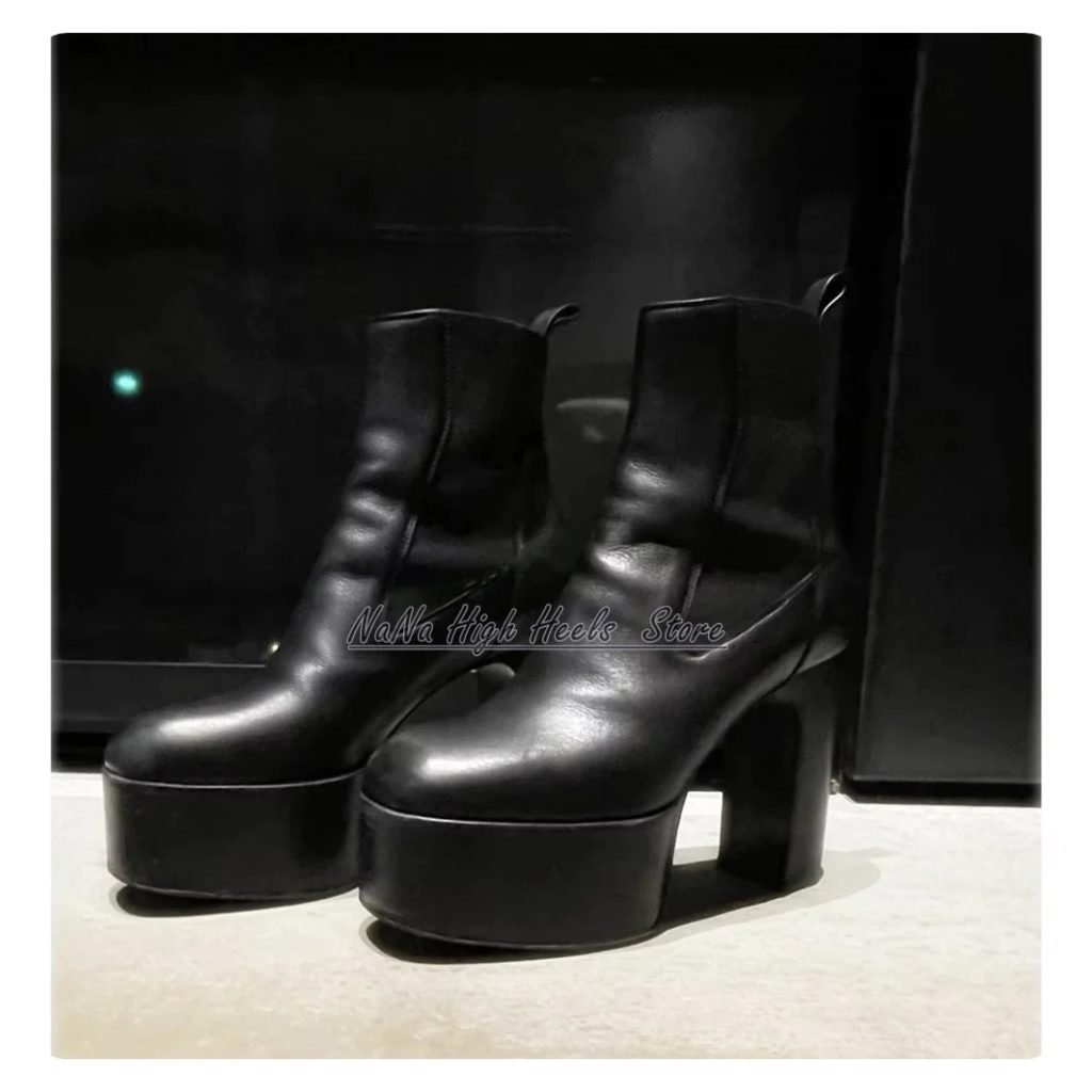 Black Round Toe Block Knee High Boots Fall Sexy Luxury Women Kiss Mid-Calf Leather Platform Motorcycle Boots Fashion Lady Shoes