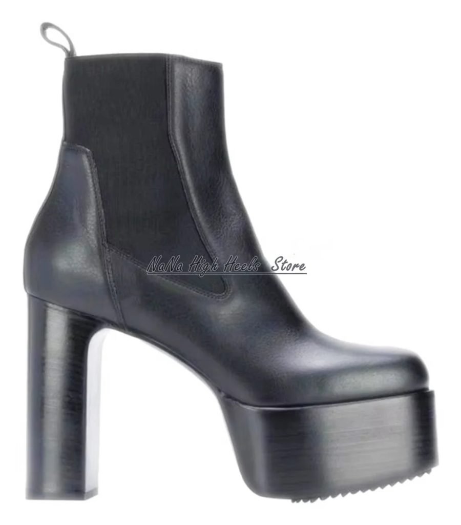 Black Round Toe Block Knee High Boots Fall Sexy Luxury Women Kiss Mid-Calf Leather Platform Motorcycle Boots Fashion Lady Shoes