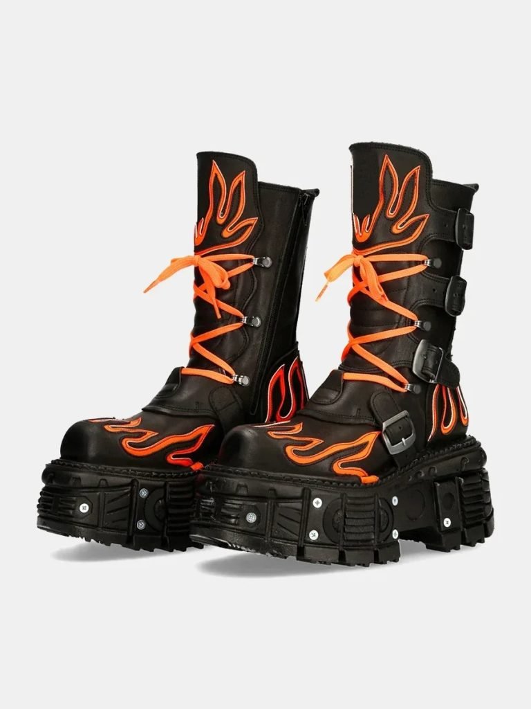 Women Punk Retro Fashion Boots Round Toe Thick Sole Lace Up Flats Boots 2024 Metal Decoration Leather Mid Calf Boots Hot Sale