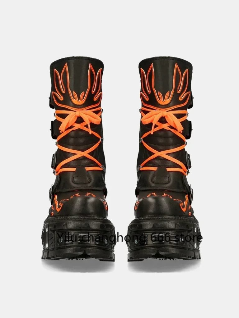 Women Punk Retro Fashion Boots Round Toe Thick Sole Lace Up Flats Boots 2024 Metal Decoration Leather Mid Calf Boots Hot Sale