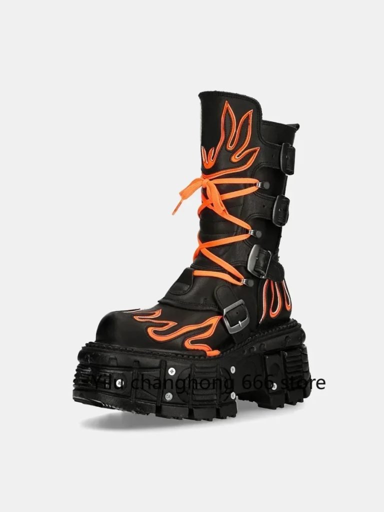 Women Punk Retro Fashion Boots Round Toe Thick Sole Lace Up Flats Boots 2024 Metal Decoration Leather Mid Calf Boots Hot Sale