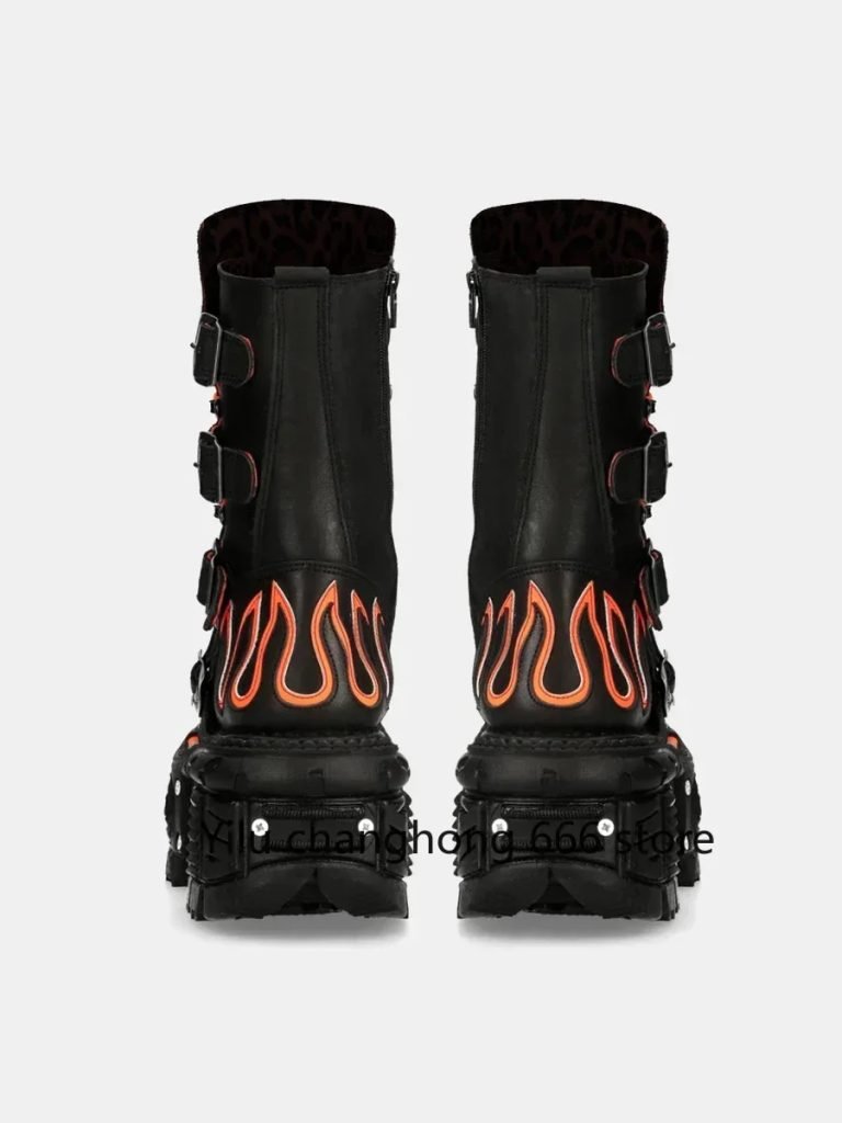 Women Punk Retro Fashion Boots Round Toe Thick Sole Lace Up Flats Boots 2024 Metal Decoration Leather Mid Calf Boots Hot Sale