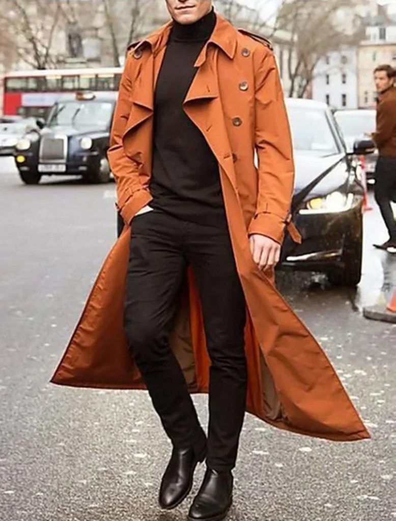 Men's Long Trench Coat Clothing Long Sleeve Loose Autumn Winter Solid Color Button Fashion Coats Trench