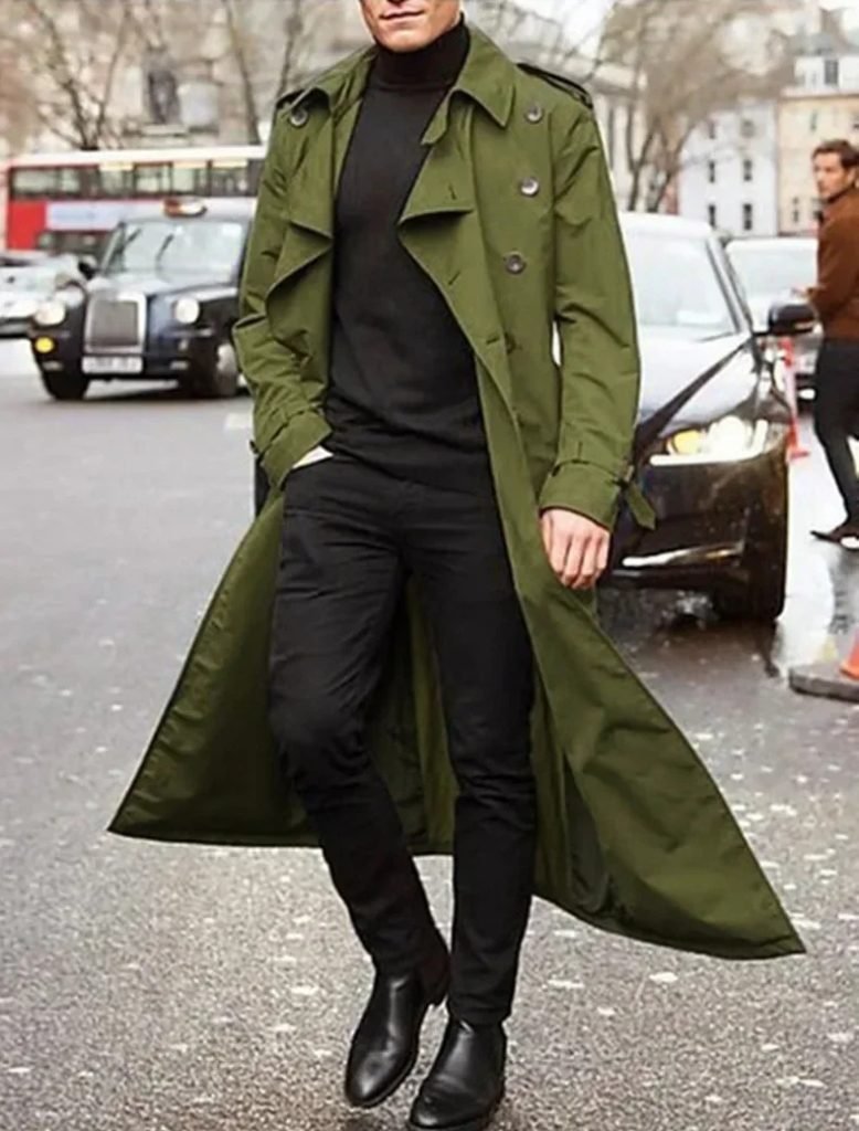 Men's Long Trench Coat Clothing Long Sleeve Loose Autumn Winter Solid Color Button Fashion Coats Trench