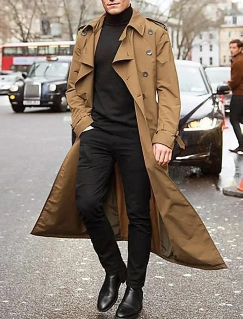 Men's Long Trench Coat Clothing Long Sleeve Loose Autumn Winter Solid Color Button Fashion Coats Trench