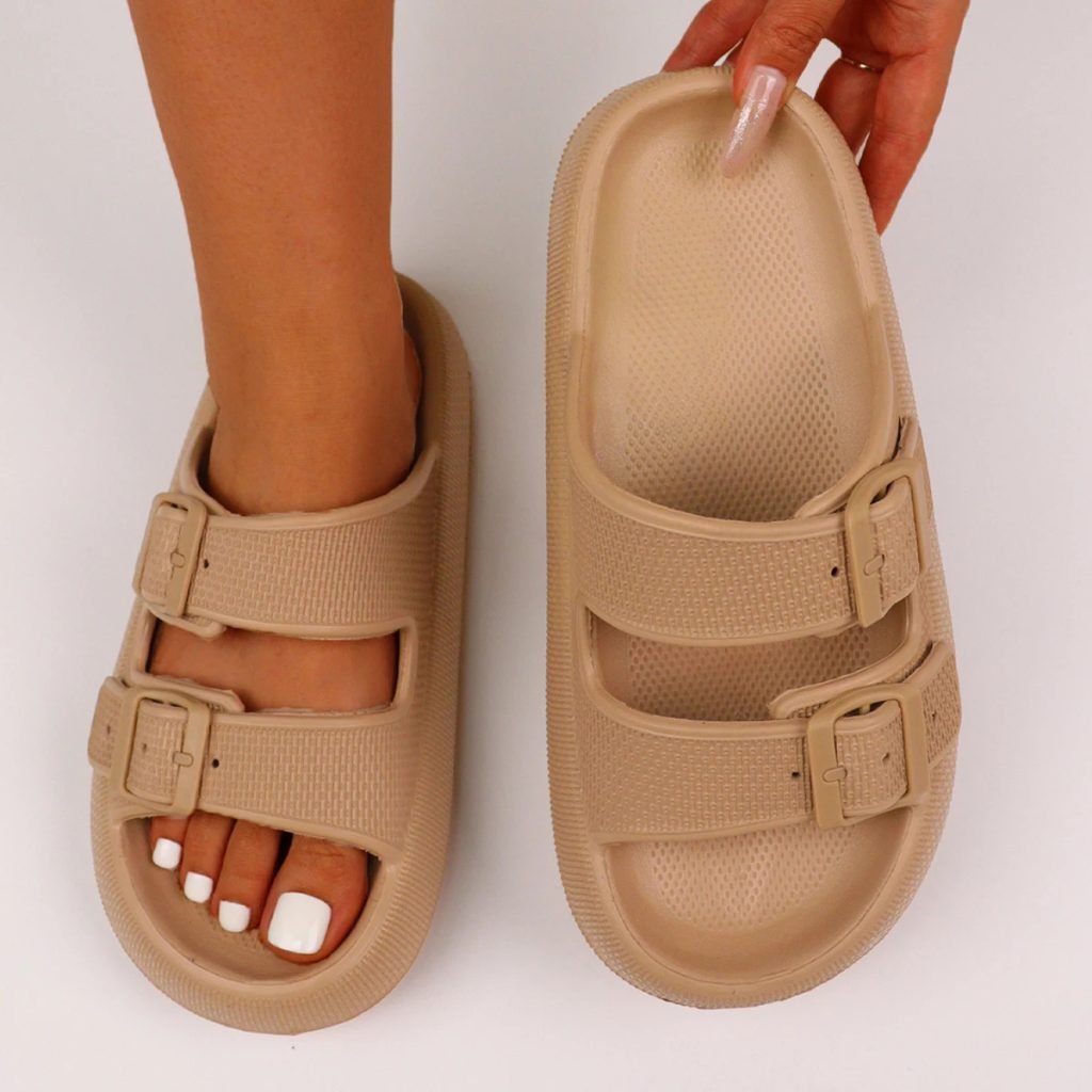 Couple Anti-Slip Slides with Double Buckle round Toe Home Slippers for Women Outdoor Wear Comfortable Matching Slippers