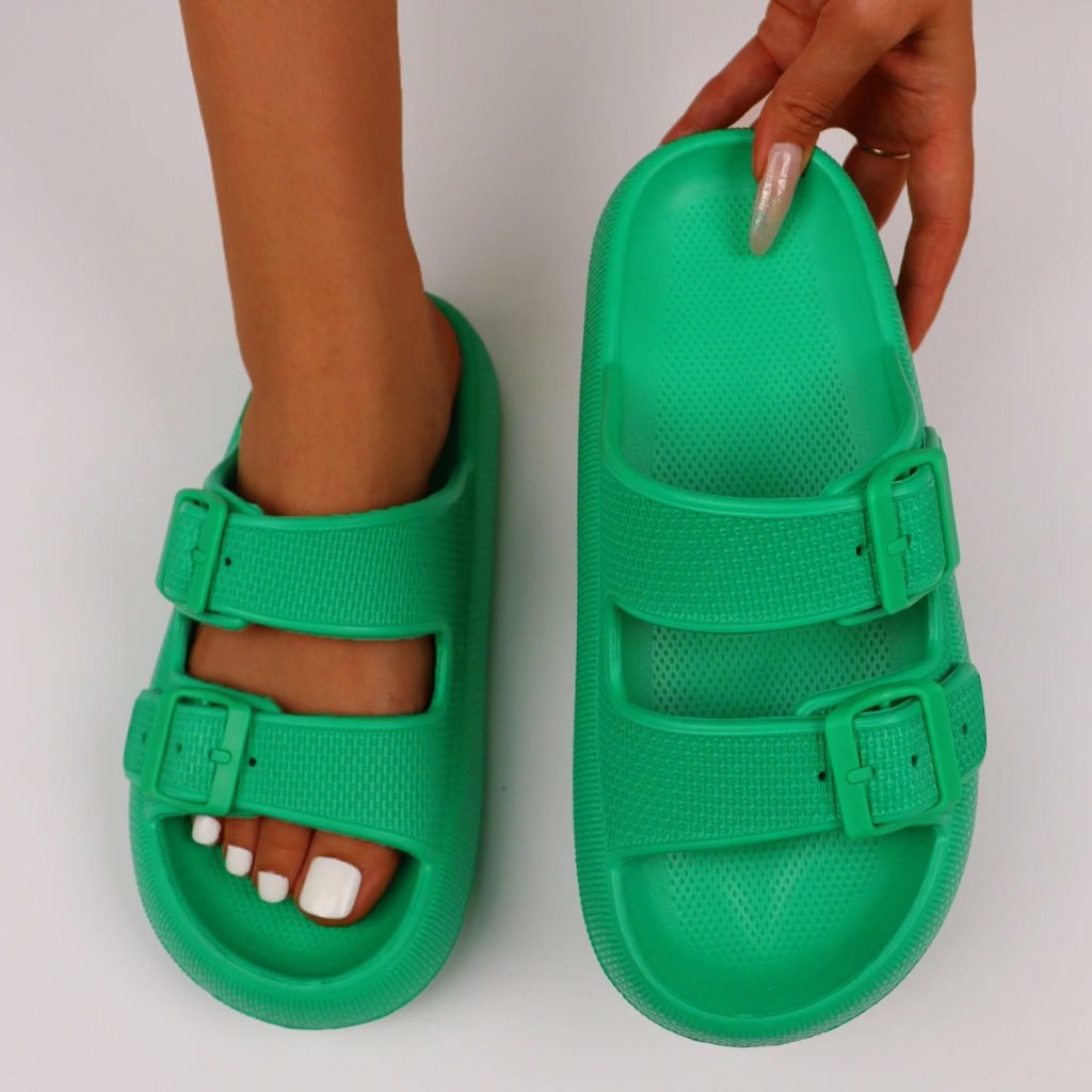 Couple Anti-Slip Slides with Double Buckle round Toe Home Slippers for Women Outdoor Wear Comfortable Matching Slippers