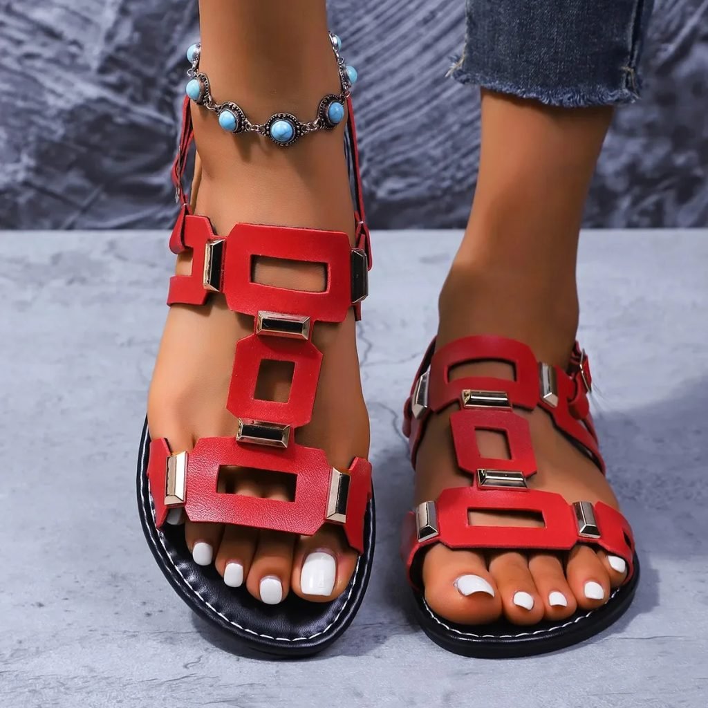 2025 Round Toe Leather Ladies' Sandals Flat Casual Beach Shoes Comfortable Footwear Metal Decoration for Women Fashion Size 43