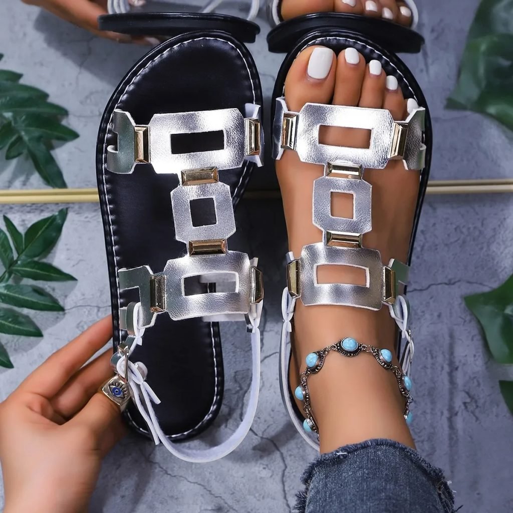 2025 Round Toe Leather Ladies' Sandals Flat Casual Beach Shoes Comfortable Footwear Metal Decoration for Women Fashion Size 43
