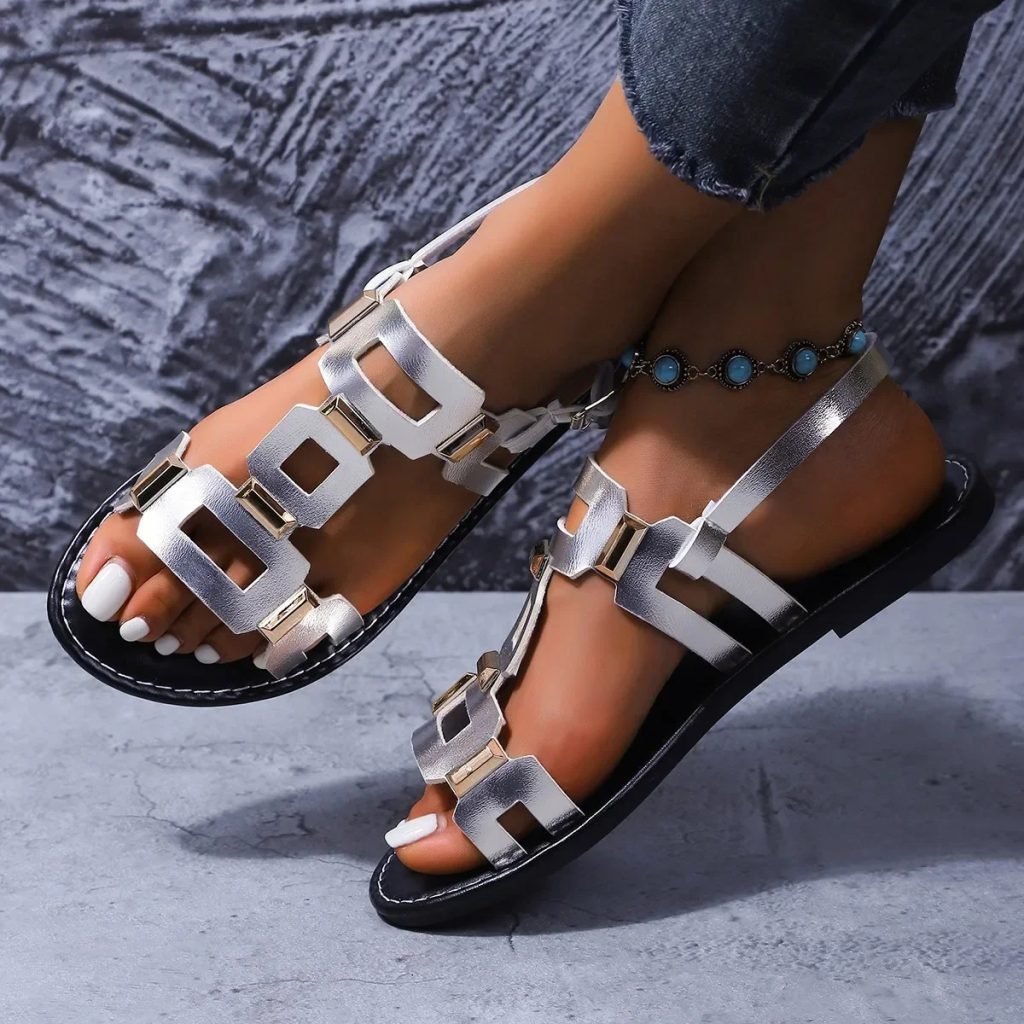 2025 Round Toe Leather Ladies' Sandals Flat Casual Beach Shoes Comfortable Footwear Metal Decoration for Women Fashion Size 43