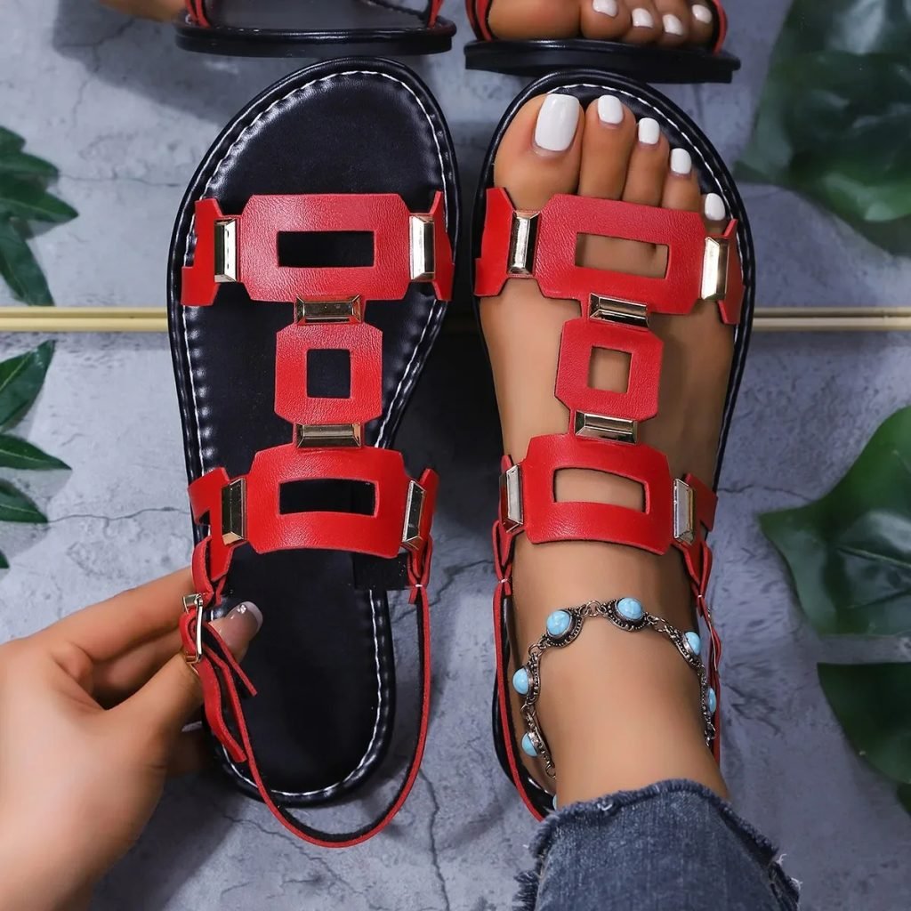 2025 Round Toe Leather Ladies' Sandals Flat Casual Beach Shoes Comfortable Footwear Metal Decoration for Women Fashion Size 43