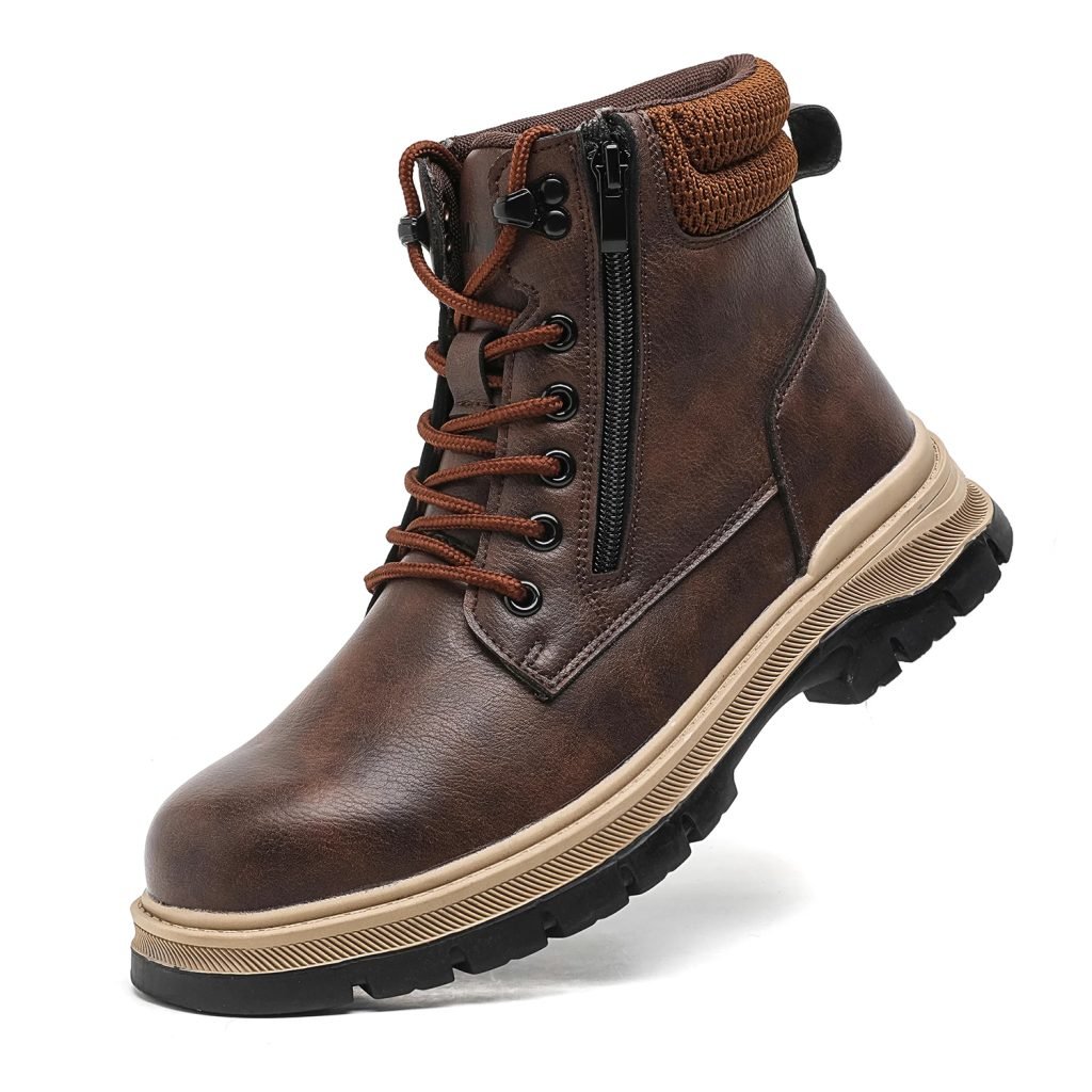 Brown Leather waterproof Work Shoes Steel Toe Men Work Safety Shoes Zipper's Construction Shoes Outdoor Work Footwear