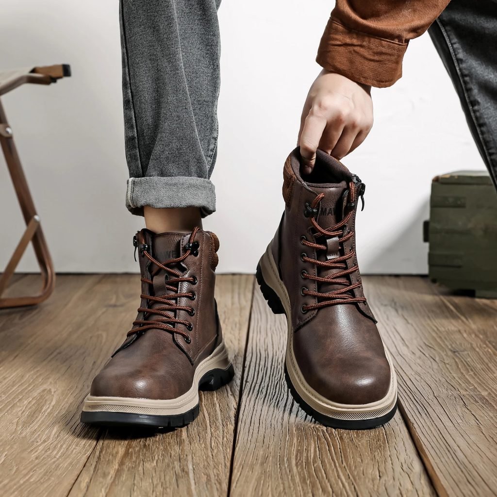 Brown Leather waterproof Work Shoes Steel Toe Men Work Safety Shoes Zipper's Construction Shoes Outdoor Work Footwear