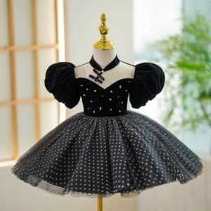 Girl's Flounced Sleeve Dot Mesh Princess Dress