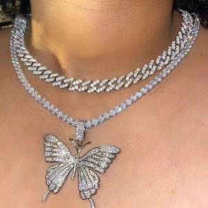 Double Layer Cuban Necklace Full Of Diamonds With Large Butterflies