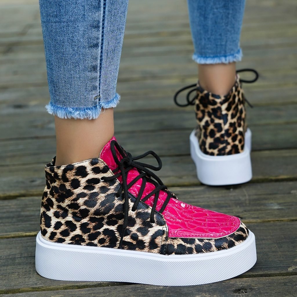 Autumn New High-top Leopard Print Flat-heeled Platform Lace Color Block Casual Women’s Shoes