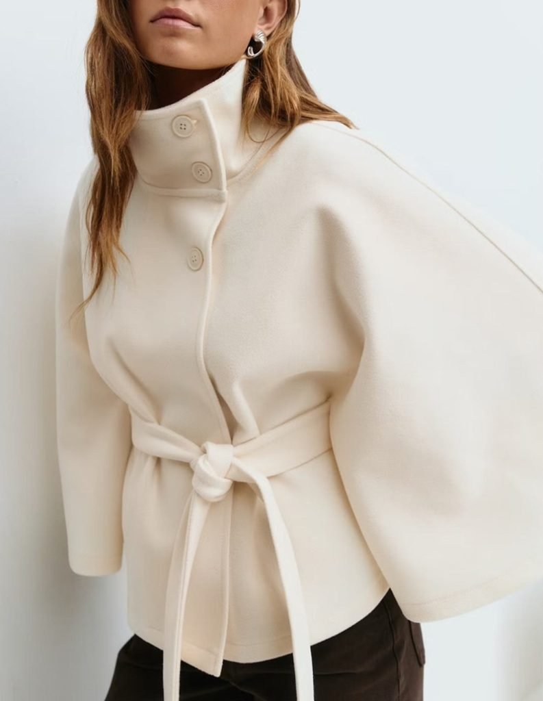 Women’s Autumn And Winter New Solid Color Cloak Stand Collar Button Belt Trench Coat
