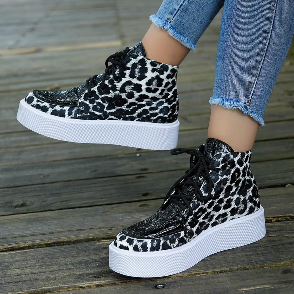 Autumn New High-top Leopard Print Flat-heeled Platform Lace Color Block Casual Women’s Shoes