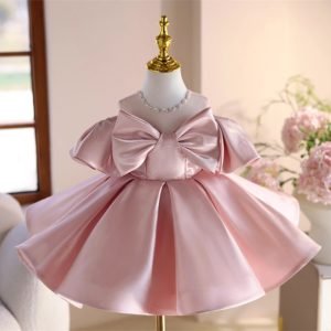 Creative All-match Girls Bow Solid Color Dress