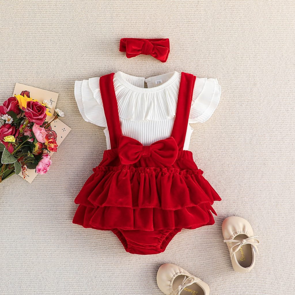 Baby Cute Flounced Sleeve Romper Set Three-piece Set