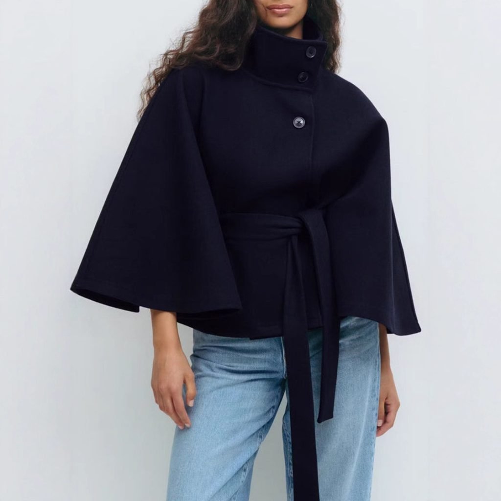 Women’s Autumn And Winter New Solid Color Cloak Stand Collar Button Belt Trench Coat