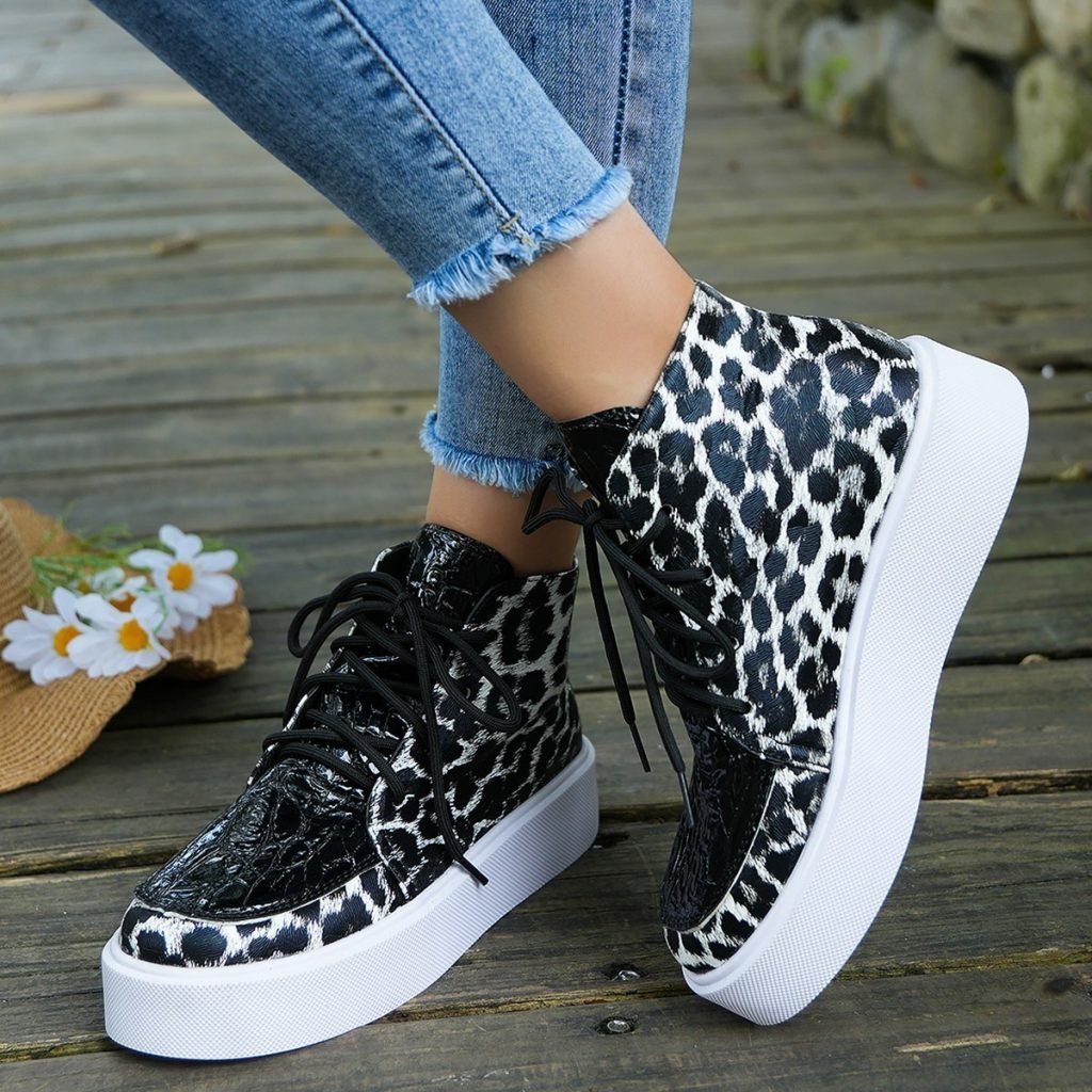 Autumn New High-top Leopard Print Flat-heeled Platform Lace Color Block Casual Women’s Shoes
