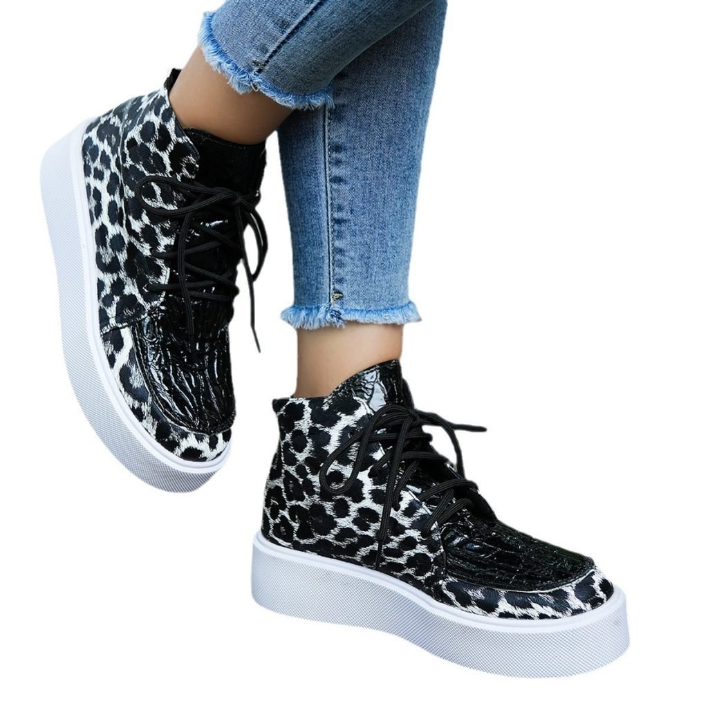 Autumn New High-top Leopard Print Flat-heeled Platform Lace Color Block Casual Women’s Shoes