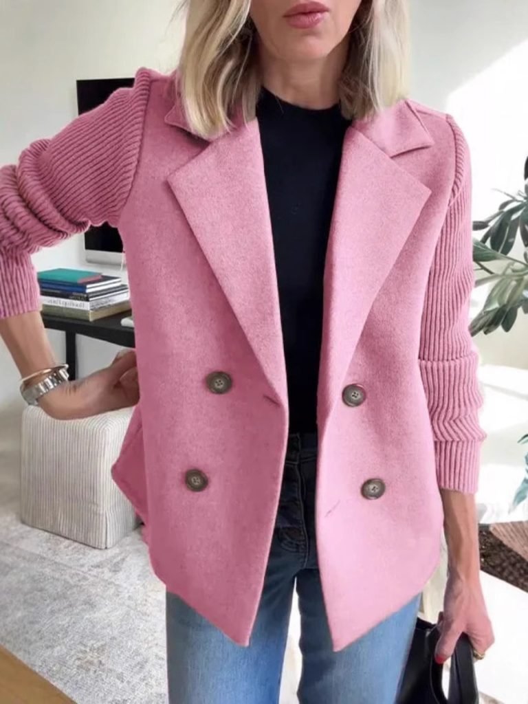 Double Breasted Lapel Jacket Fashion Knitted Sleeves Splicing Design Coat Outerwear Women’s Clothing