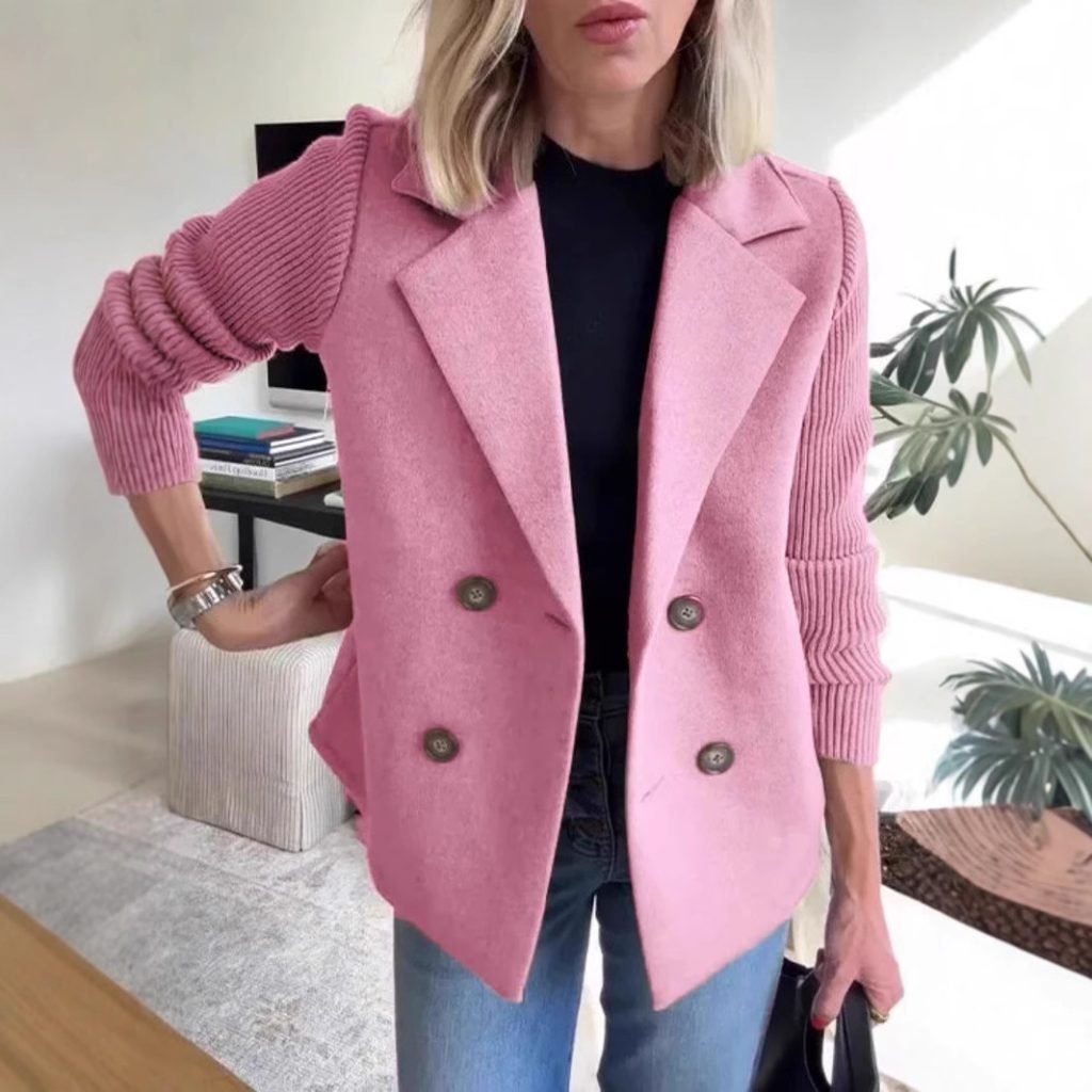 Double Breasted Lapel Jacket Fashion Knitted Sleeves Splicing Design Coat Outerwear Women’s Clothing