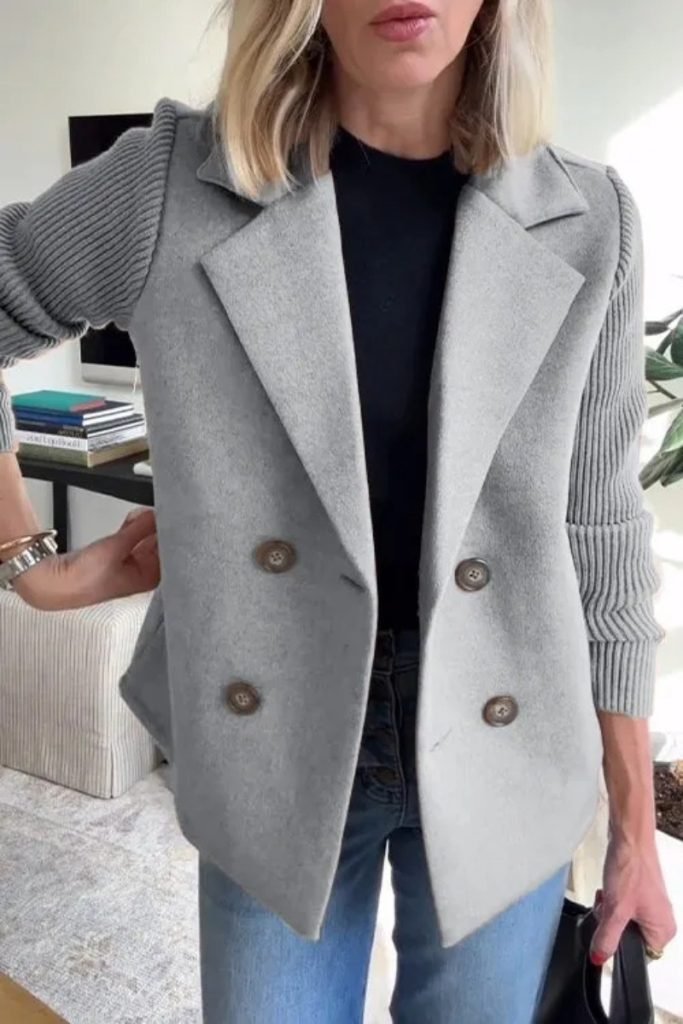 Double Breasted Lapel Jacket Fashion Knitted Sleeves Splicing Design Coat Outerwear Women’s Clothing