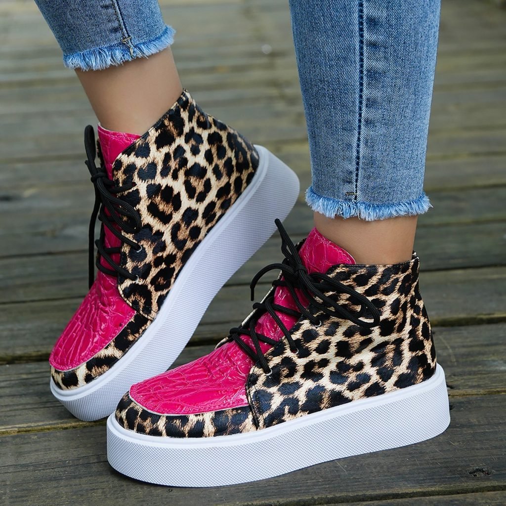 Autumn New High-top Leopard Print Flat-heeled Platform Lace Color Block Casual Women’s Shoes
