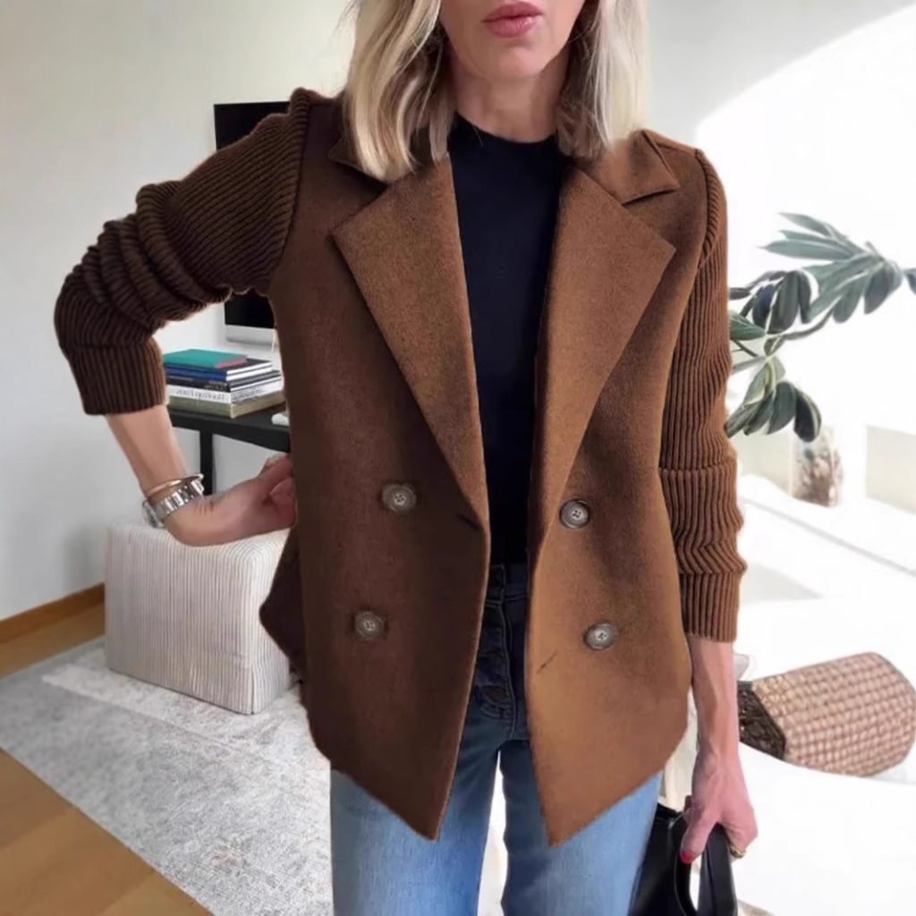 Double Breasted Lapel Jacket Fashion Knitted Sleeves Splicing Design Coat Outerwear Women’s Clothing