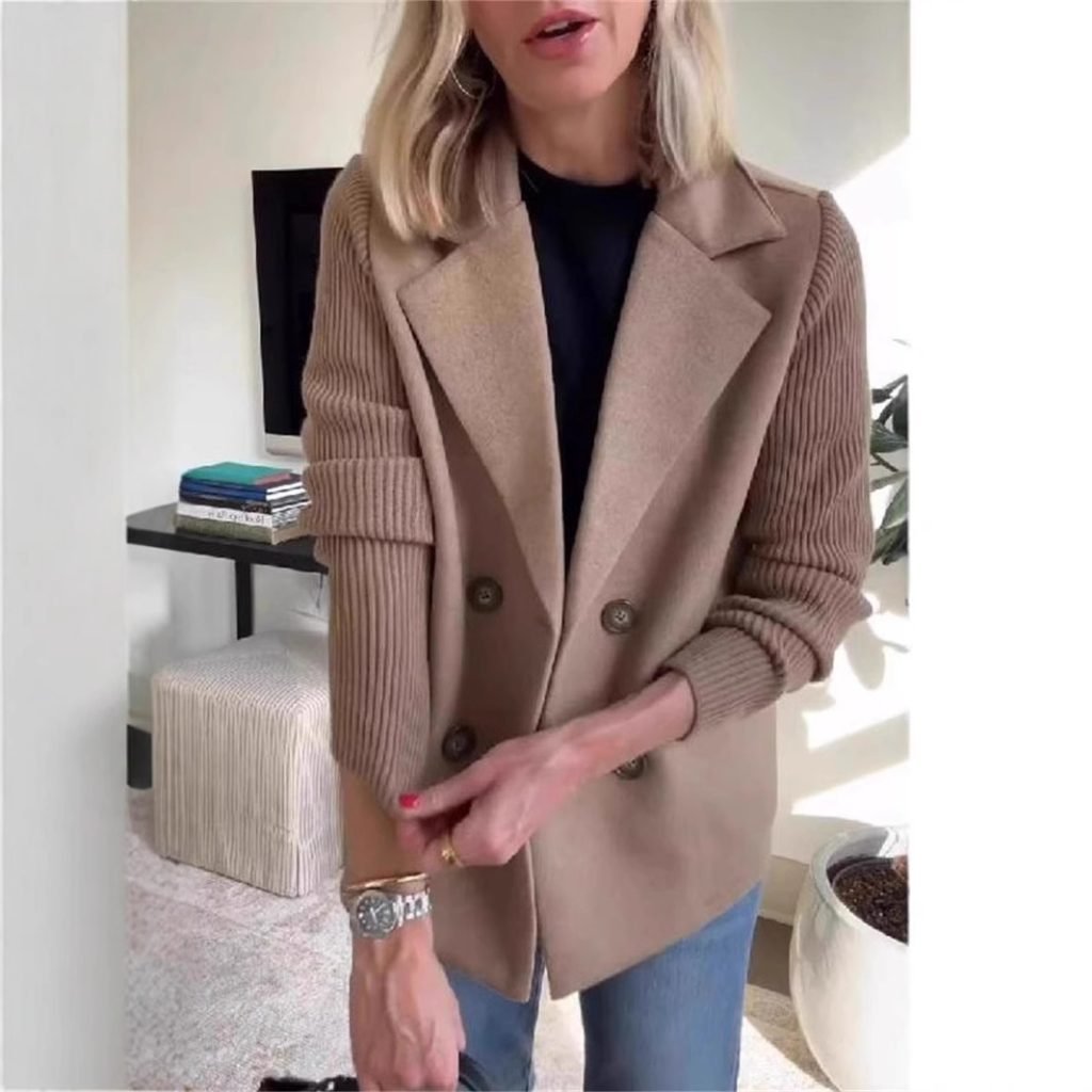 Double Breasted Lapel Jacket Fashion Knitted Sleeves Splicing Design Coat Outerwear Women’s Clothing