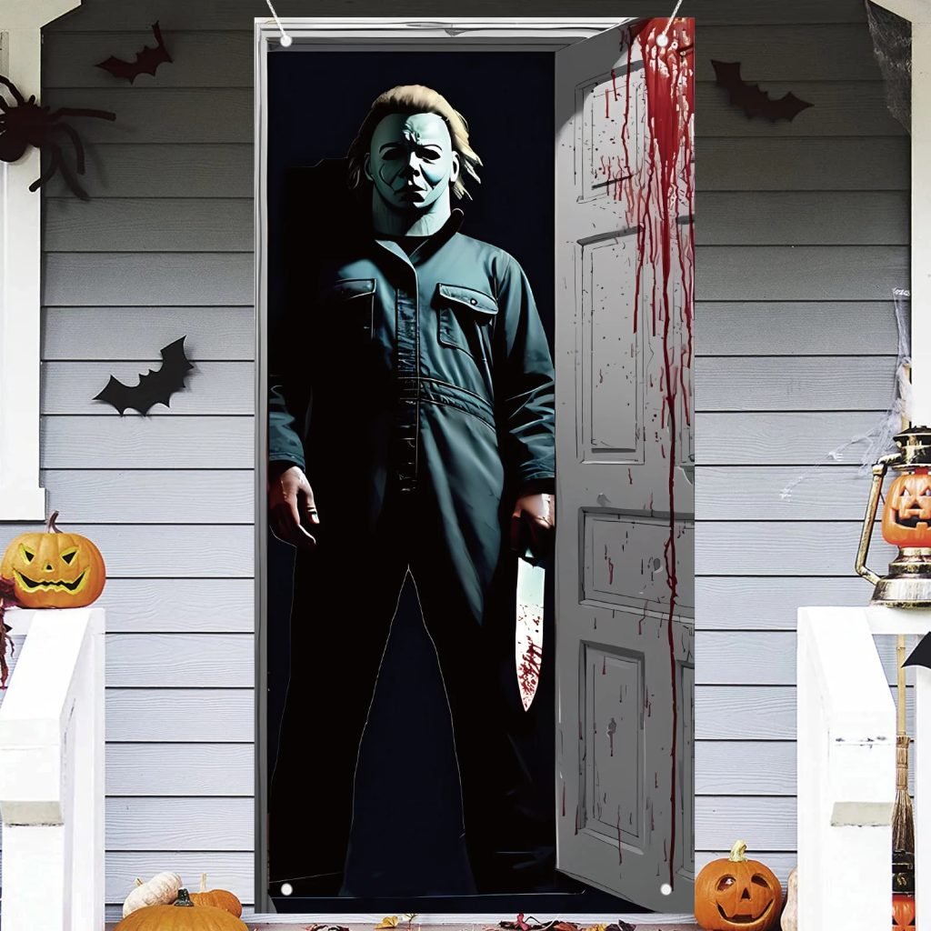 Cubierta de puerta de Halloween aterradora, pancarta de puerta de Halloween, cubierta de decoración de puerta, personaje de película de terror clásico, fiestas de cumpleaños con temática de terror