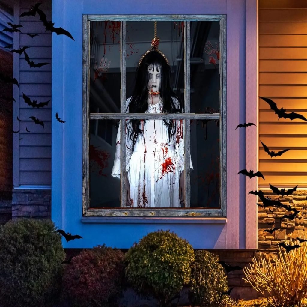 Decoraciones de cubierta de ventana de Halloween, adhesivos de tela aterradora, póster de cortina de silueta de puerta espeluznante para decoración de fiesta interior y exterior