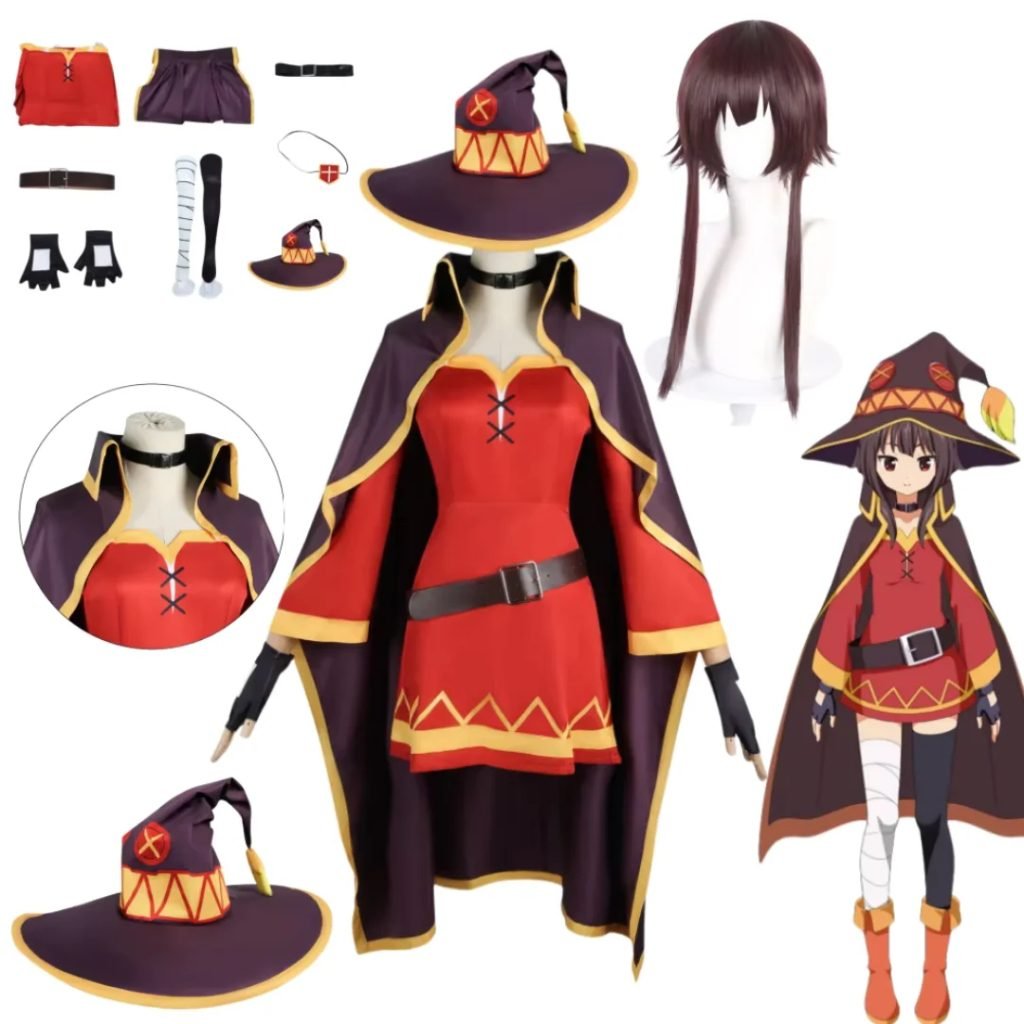 Disfraz de Anime Megumin para mujer, vestido de hechicera, trajes, peluca Megumin Cos, disfraces de Halloween