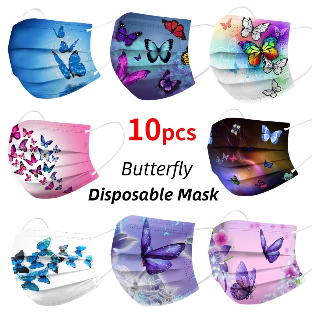 Mascarilla desechable para adultos con estampado de mariposa colorida, mascarilla facial desechable para mujer, mascarilla Industrial transpirable de 3 capas con bucle para la oreja, 10 Uds.