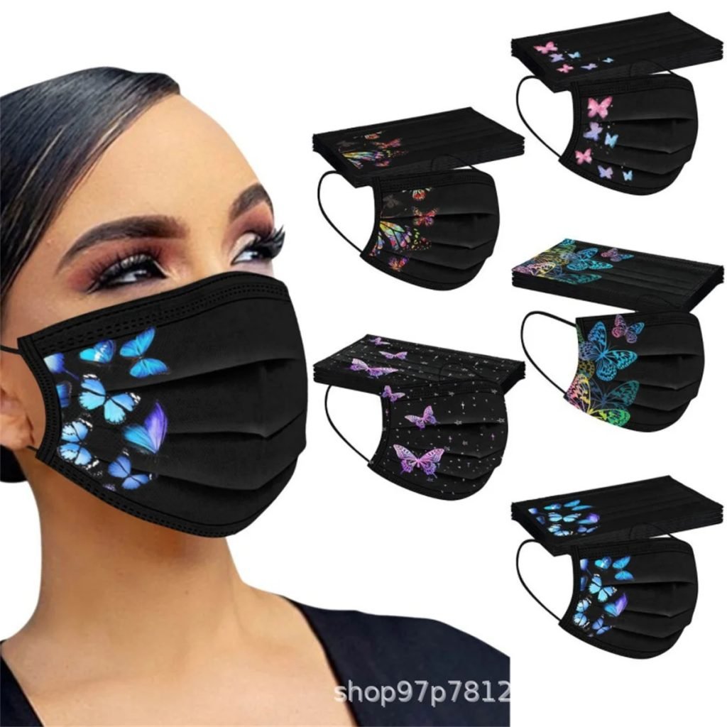 50 Uds. Máscaras negras con estampado de mariposa colorida para adultos máscaras protectoras no tejidas desechables de tres capas spunlace respetuosas con la piel