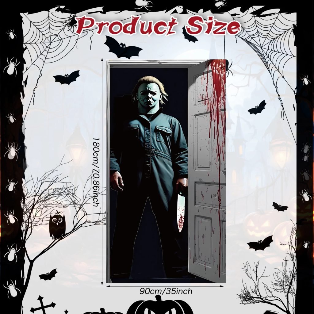 Cubierta de puerta de Halloween aterradora, pancarta de puerta de Halloween, cubierta de decoración de puerta, personaje de película de terror clásico, fiestas de cumpleaños con temática de terror