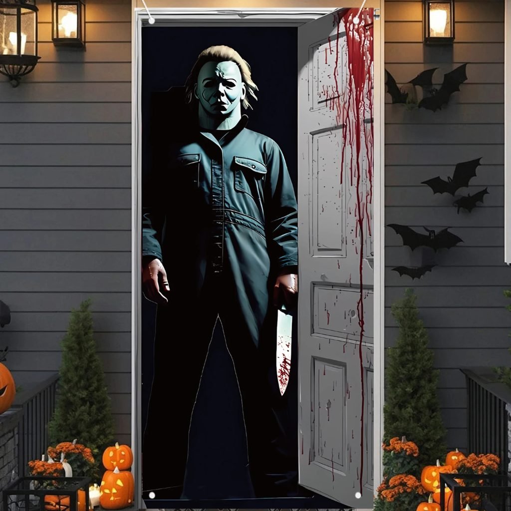 Cubierta de puerta de Halloween aterradora, pancarta de puerta de Halloween, cubierta de decoración de puerta, personaje de película de terror clásico, fiestas de cumpleaños con temática de terror
