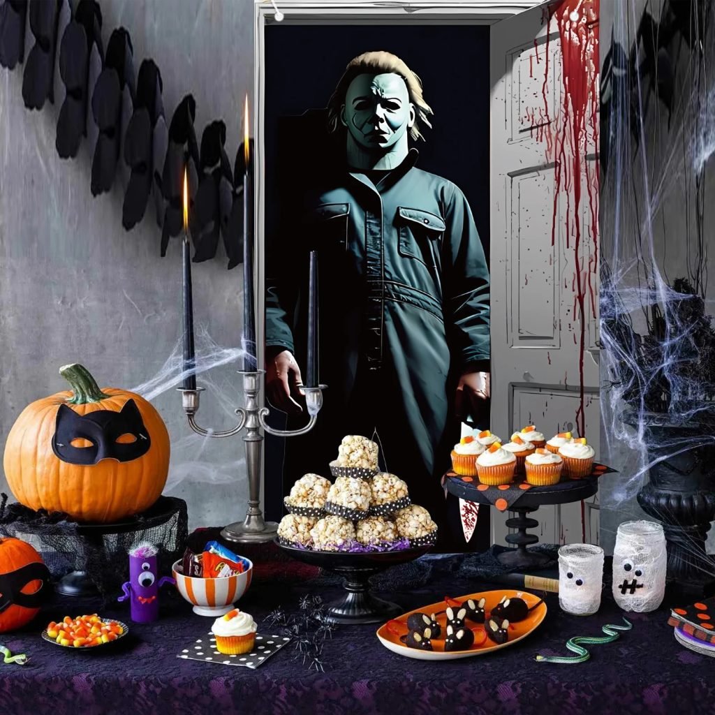 Cubierta de puerta de Halloween aterradora, pancarta de puerta de Halloween, cubierta de decoración de puerta, personaje de película de terror clásico, fiestas de cumpleaños con temática de terror