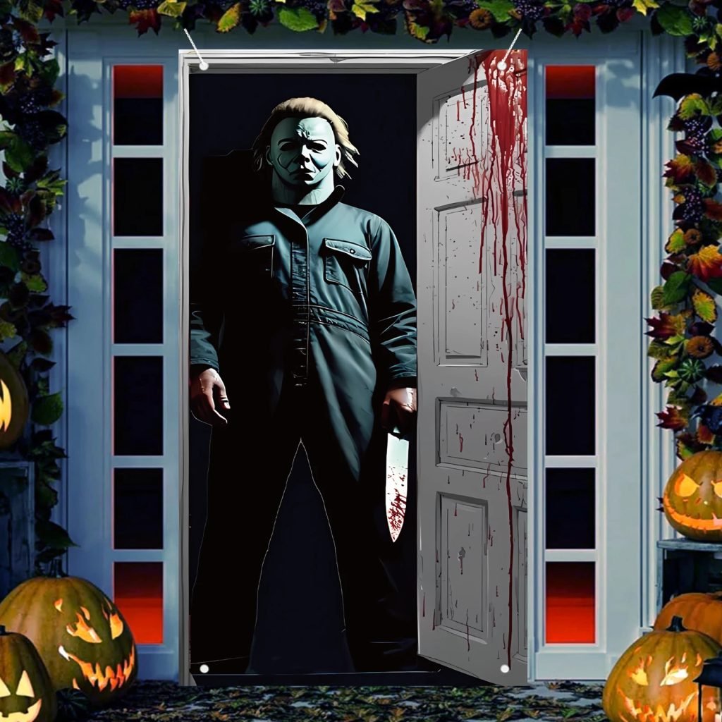 Cubierta de puerta de Halloween aterradora, pancarta de puerta de Halloween, cubierta de decoración de puerta, personaje de película de terror clásico, fiestas de cumpleaños con temática de terror