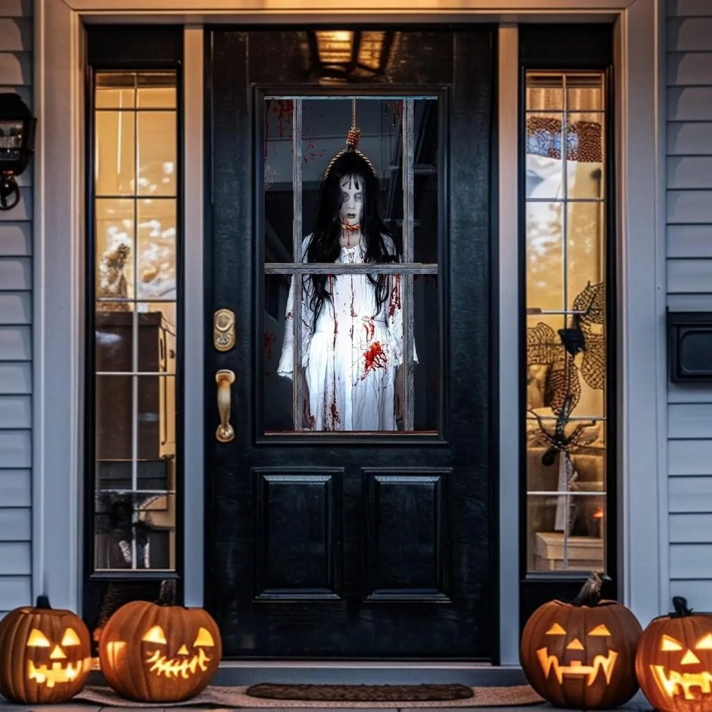 Decoraciones de cubierta de ventana de Halloween, adhesivos de tela aterradora, póster de cortina de silueta de puerta espeluznante para decoración de fiesta interior y exterior