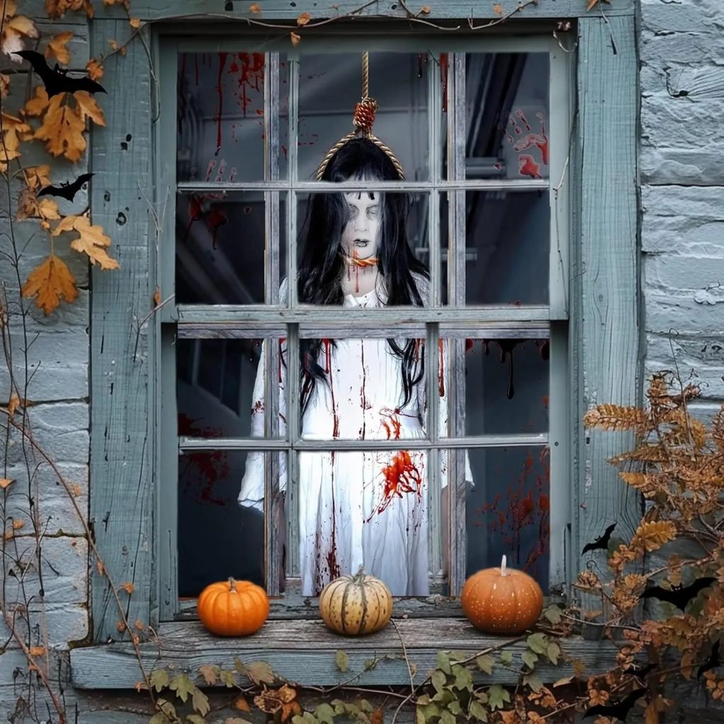 Decoraciones de cubierta de ventana de Halloween, adhesivos de tela aterradora, póster de cortina de silueta de puerta espeluznante para decoración de fiesta interior y exterior