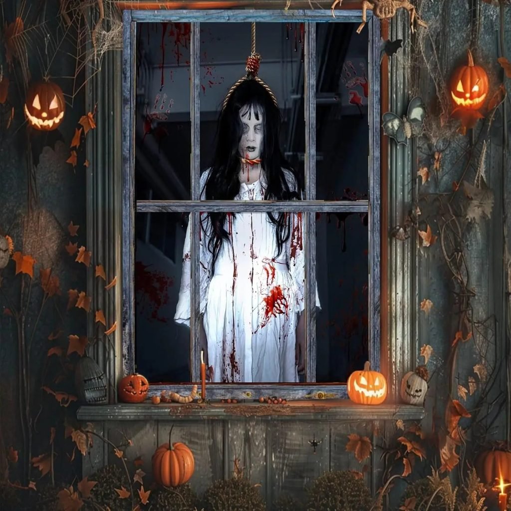 Decoraciones de cubierta de ventana de Halloween, adhesivos de tela aterradora, póster de cortina de silueta de puerta espeluznante para decoración de fiesta interior y exterior