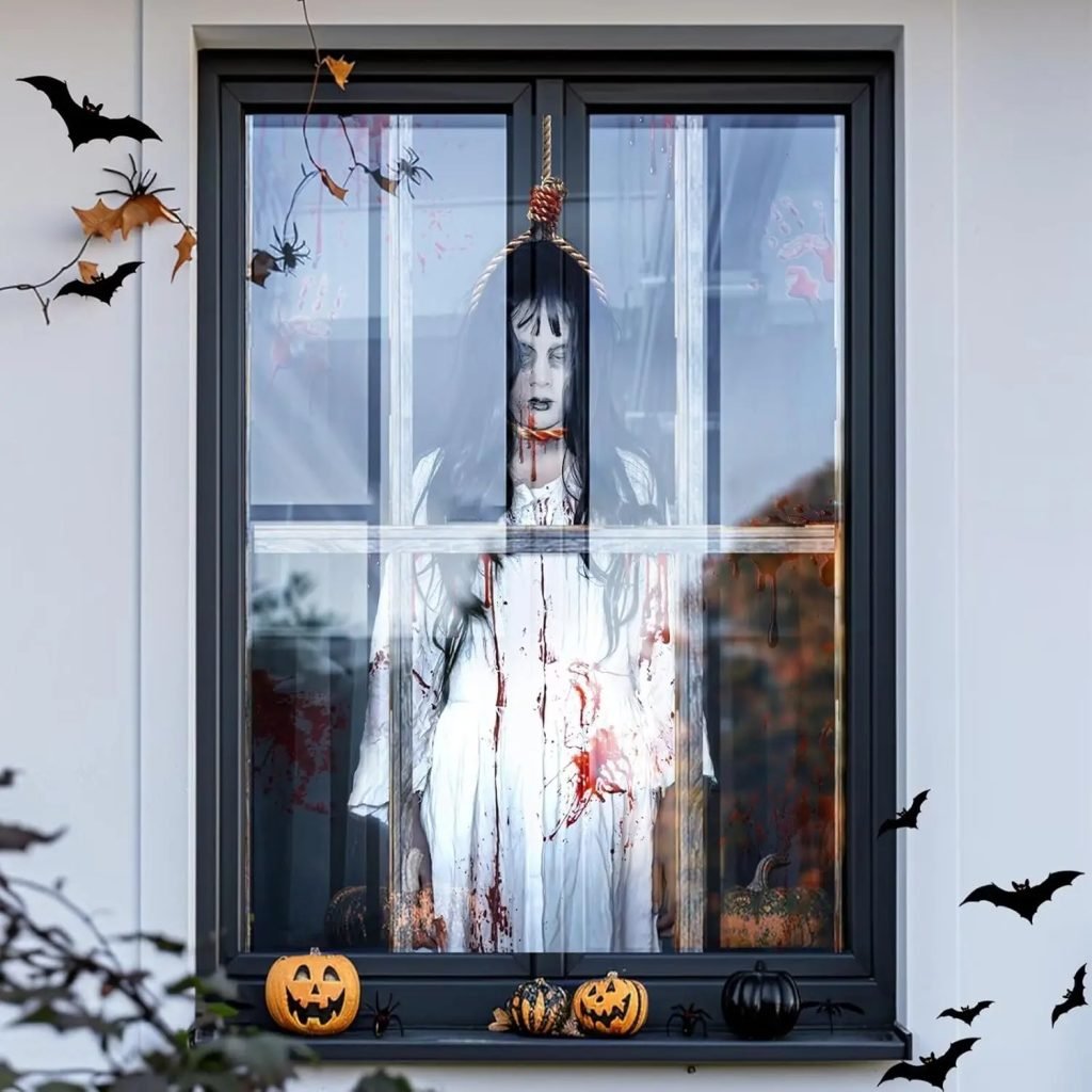 Decoraciones de cubierta de ventana de Halloween, adhesivos de tela aterradora, póster de cortina de silueta de puerta espeluznante para decoración de fiesta interior y exterior