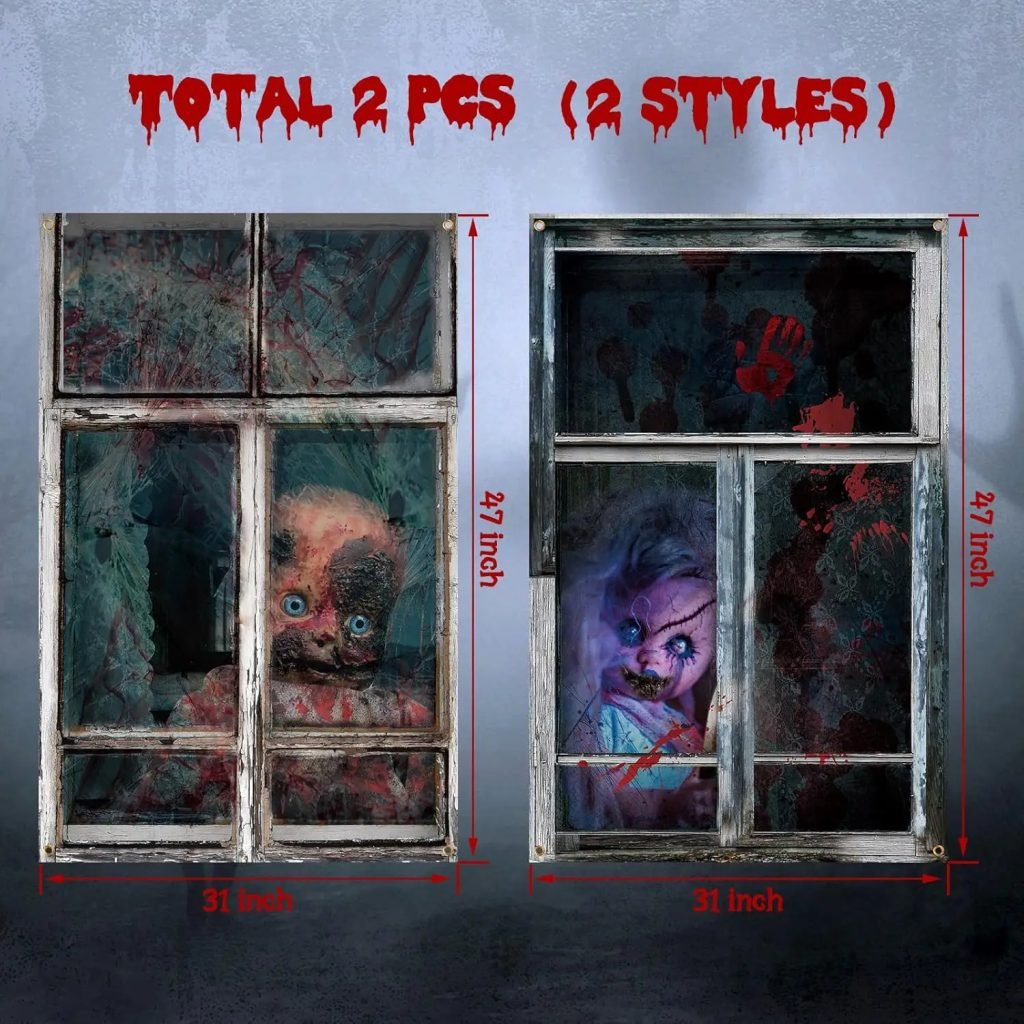 2 uds. Cortina de Halloween aterradora, silueta de ventana de Halloween, decoración de sangre, cubierta de ventana de Halloween, póster de ventana de terror