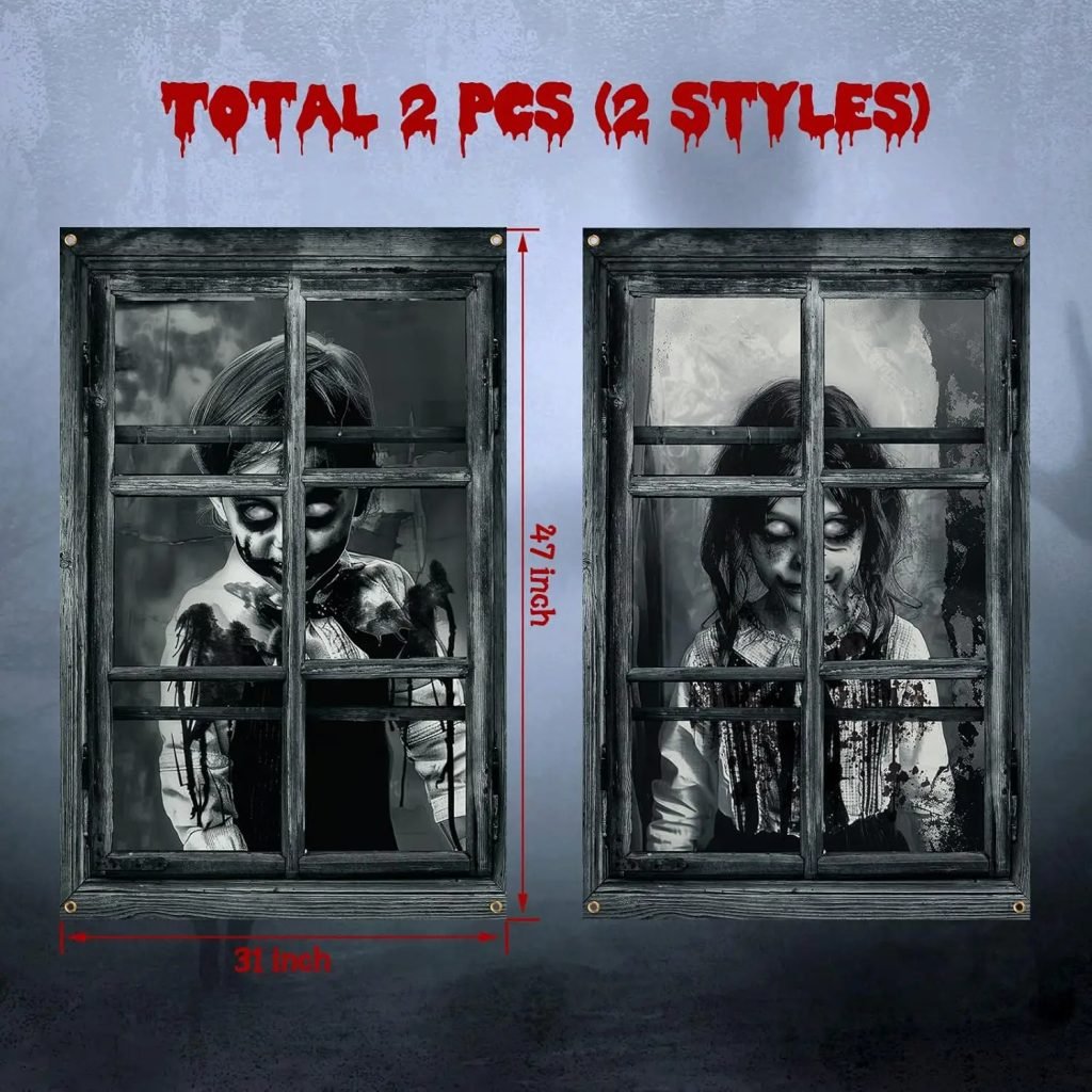 2 uds. Cortina de Halloween aterradora, silueta de ventana de Halloween, decoración de sangre, cubierta de ventana de Halloween, póster de ventana de terror